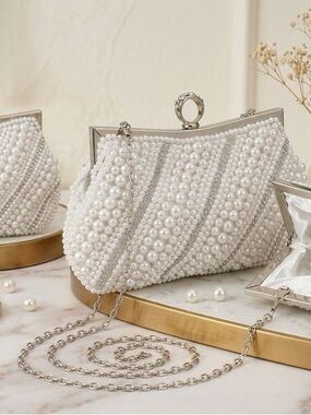🔥🔥🆕 High End White Pearl Rhinestone Hand Sewn Evening Clutch with chain